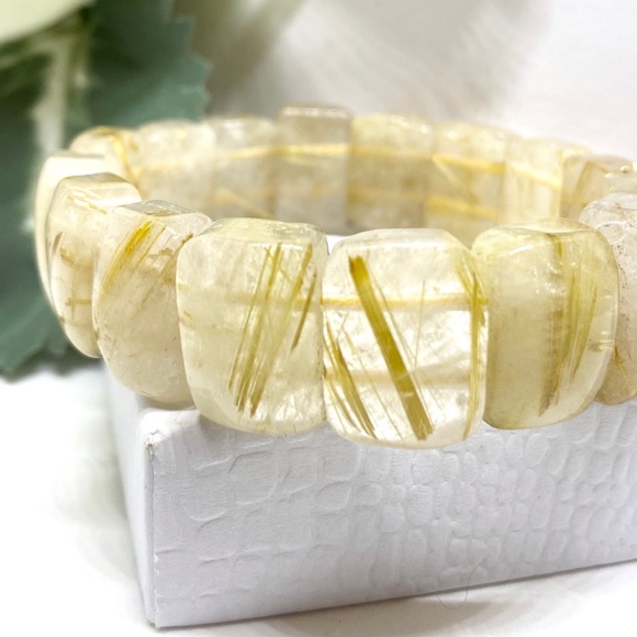Hair of Venus Semi Precious Golden Rutile Quartz Gemstone Crystal Bracelet - Picture 2 of 16